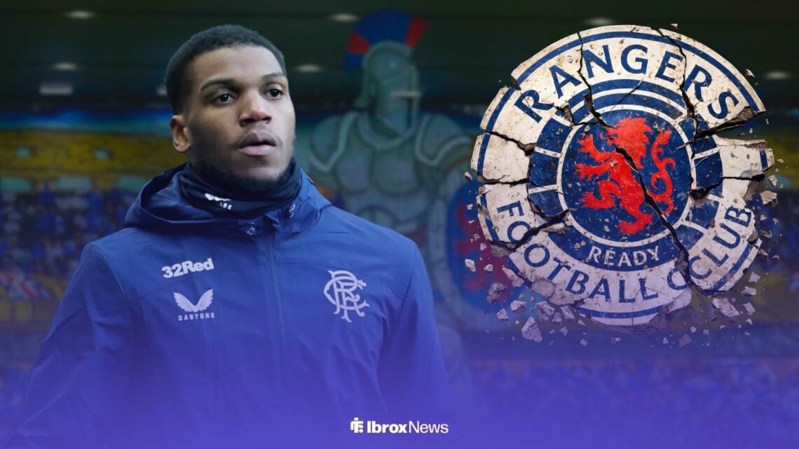 Dujon Sterling at Ibrox with cracked Rangers badge