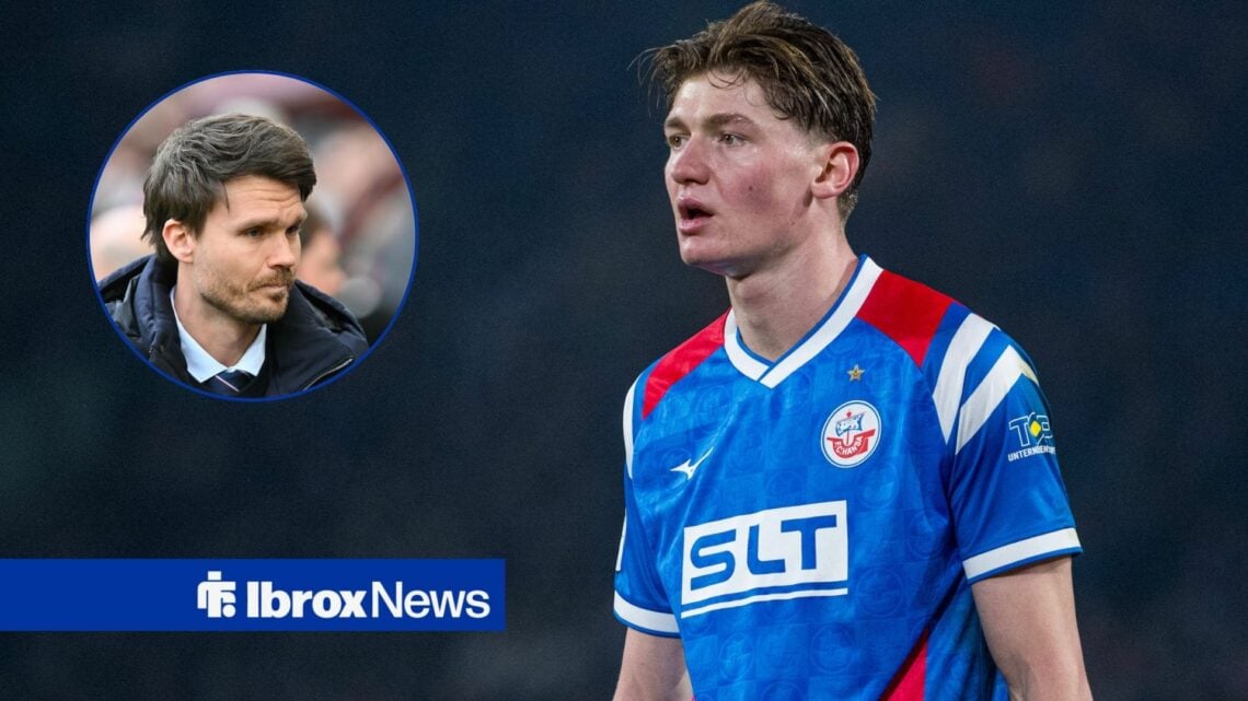 Ryan Naderi looking towards circular inset of Danny Rohl