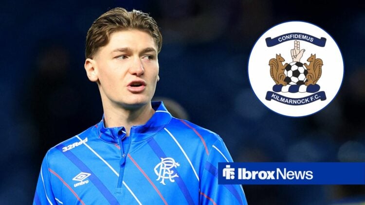 Ryan Naderi warming up at Rangers looking towards a circle inset of the Kilmarnock badge