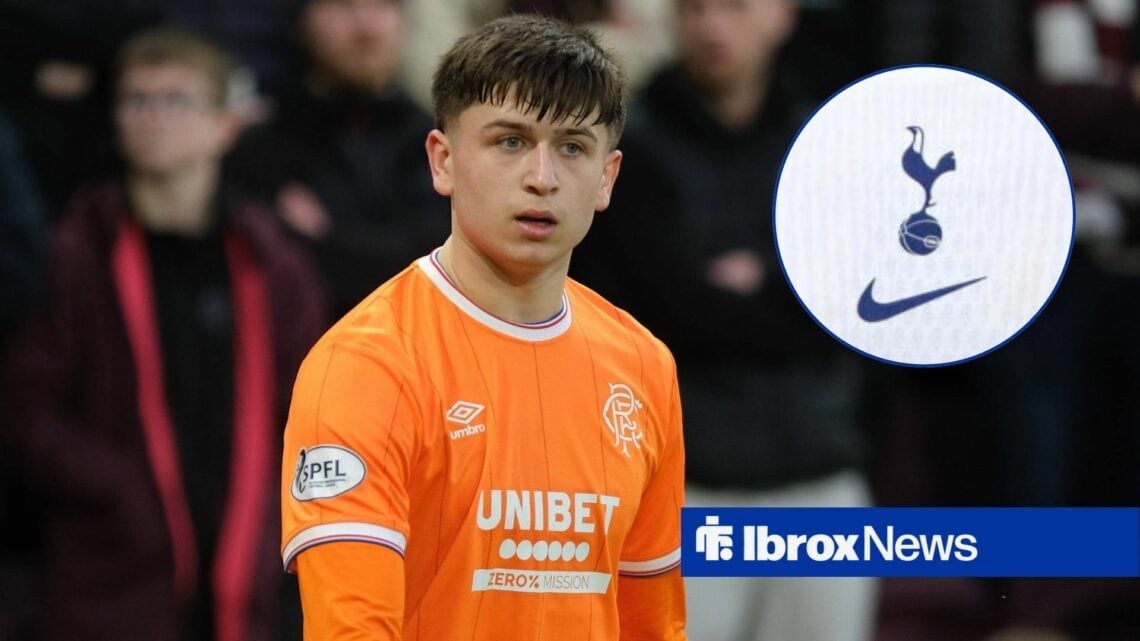 Mikey Moore looks towards circular inset of Tottenham badge