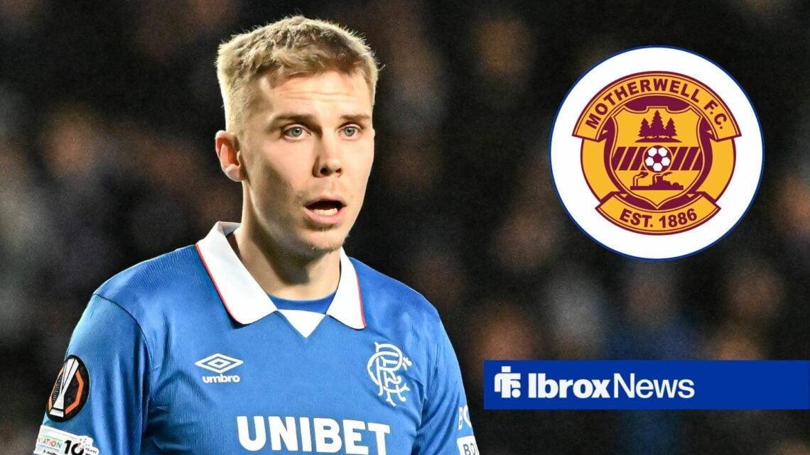 Oliver Antman playing for Rangers looking towards a circle inset of the Motherwell badge