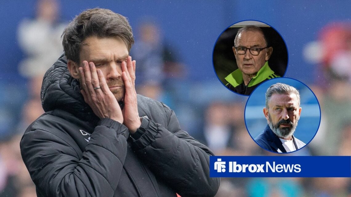Danny Rohl puts his head in his hands, while Martin O'Neill and Derek McInnes look stern inset