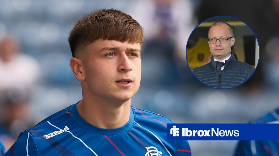 Rangers star Mikey Moore with Willie Collum (inset) looking on