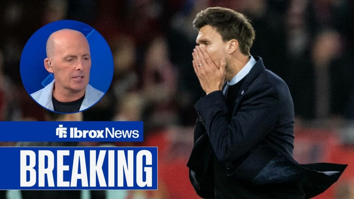 Mike Dean on Sky Sports News in an overlay on the left, looking at a shocked Danny Rohl, who has his head in his hands.