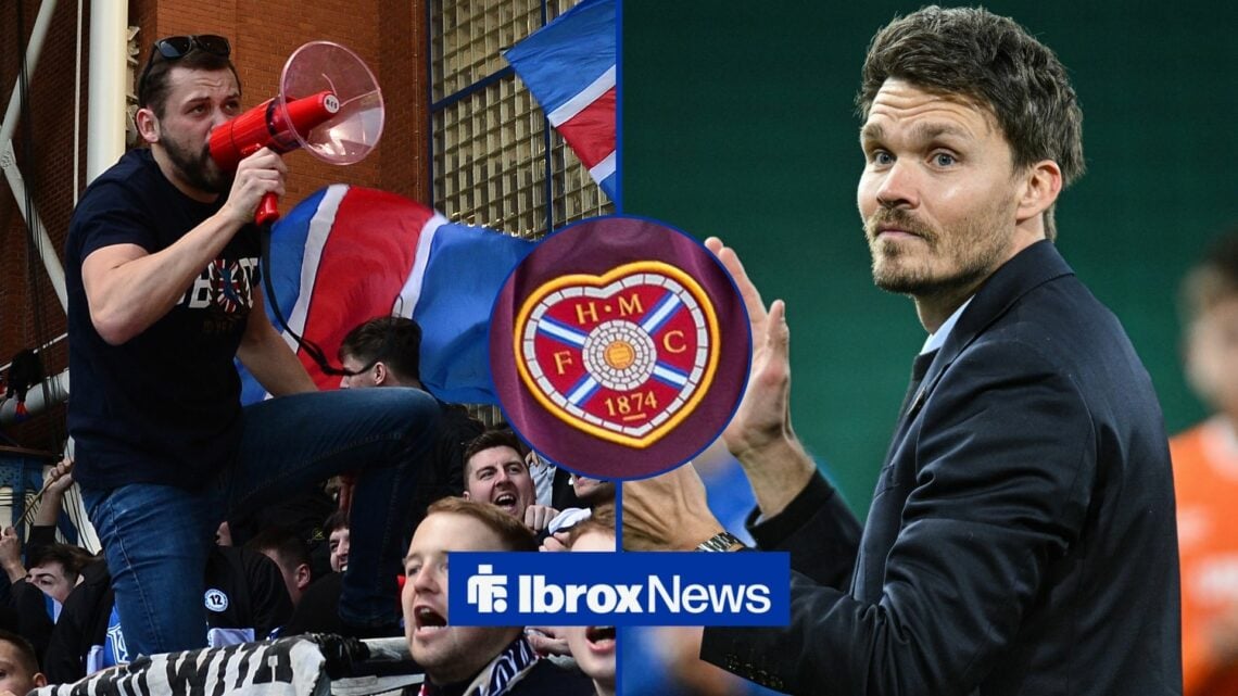 Rangers fans at Ibrox waving flags with Danny Rohl and Hearts badge
