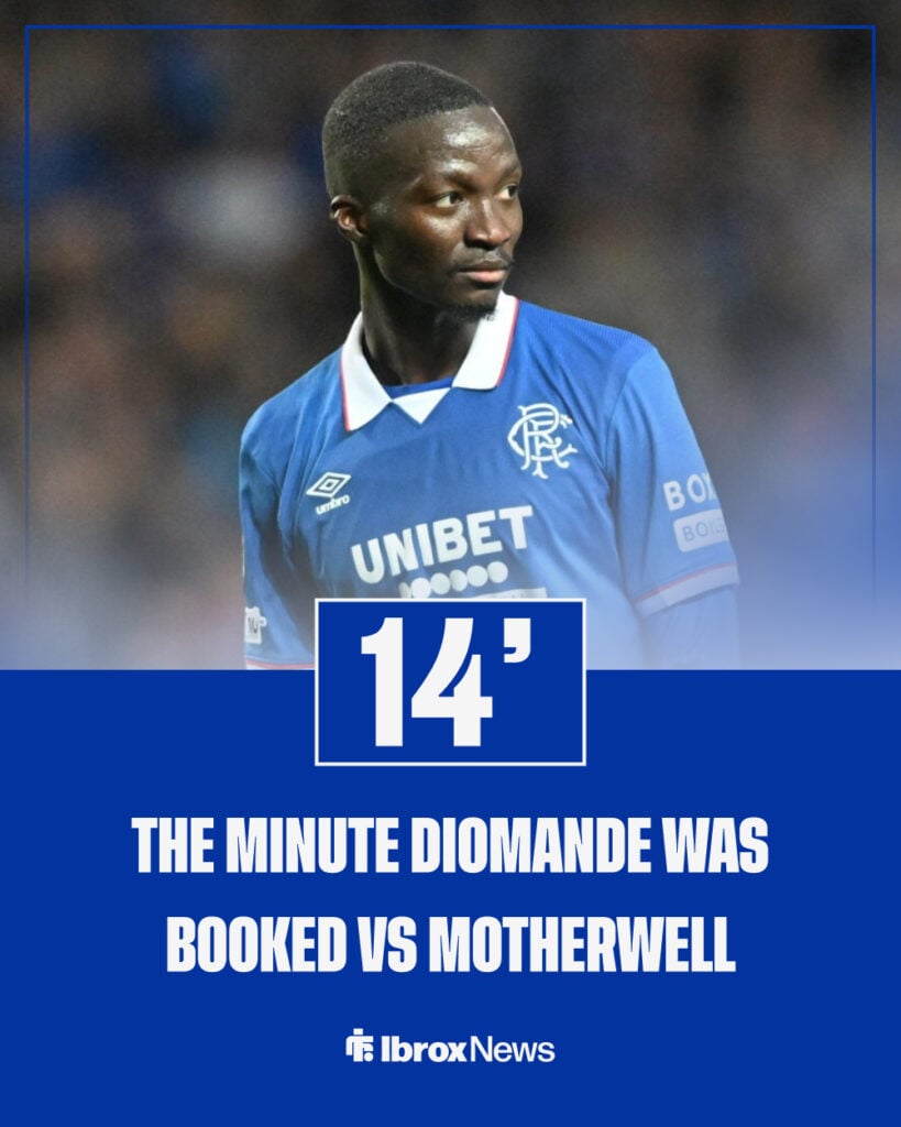 Mohamed Diomande playing in a Rangers shirt at Ibrox, with a graphic of the minute of his booking against Motherwell.