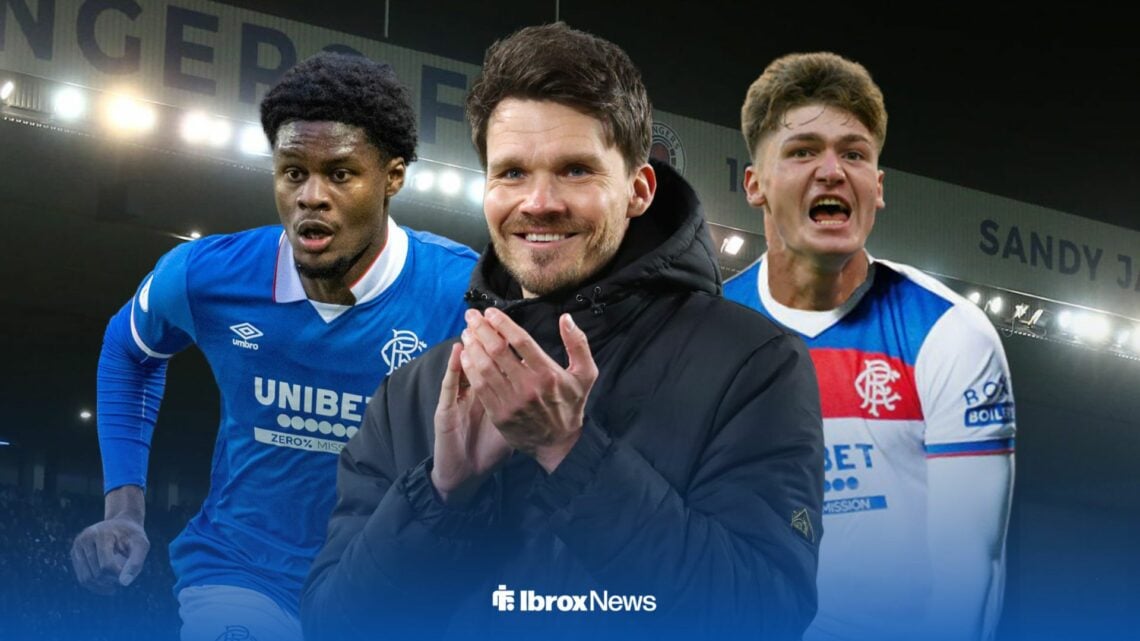 Rangers boss Danny Rohl smiling, with Tochi Chukwuani and Ryan Naderi either side of him.