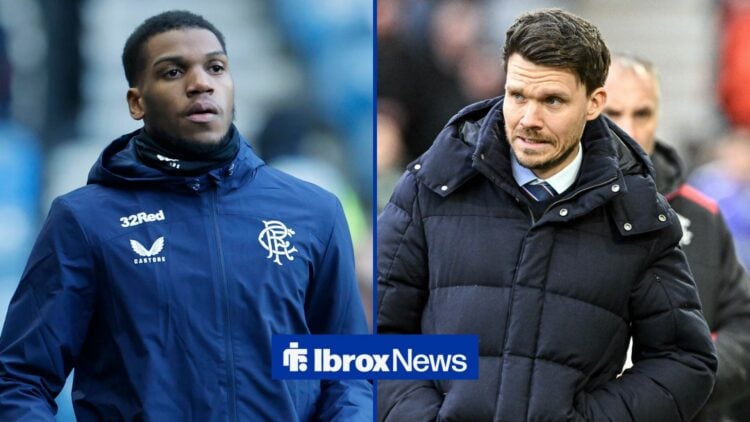 Dujon Sterling in a Rangers tracksuit pre-game, Danny Rohl during the William Hill Premiership match with Hibernian at Easter Road.
