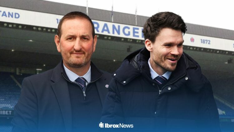 Former sporting director Kevin Thelwell and Rangers manager Danny Rohl smiling at Ibrox.