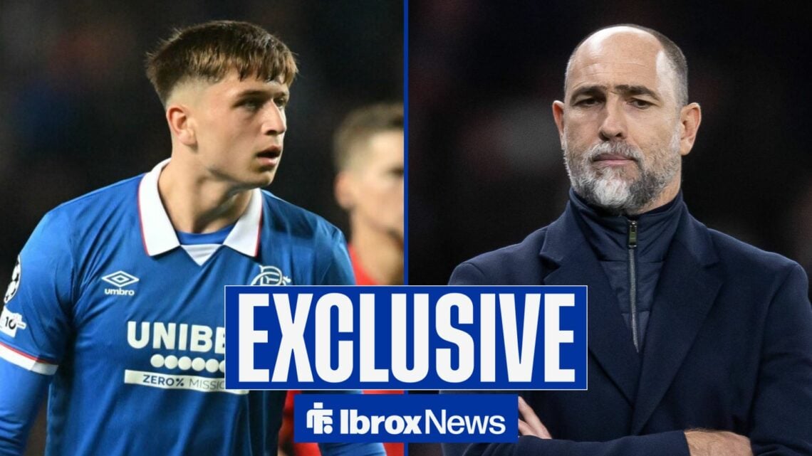 Mikey Moore in action for Rangers, Tottenham boss Igor Tudor folds arms against Arsenal.