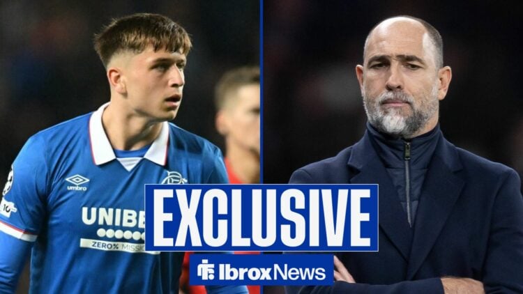 Mikey Moore in action for Rangers, Tottenham boss Igor Tudor folds arms against Arsenal.