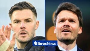 Split image of Jack Butland of Rangers thanks fans during the William Hill Premiership match at Easter Road, Edinburgh 01/02/2026 and Danny Röhl Rangers Head Coach applauds supporters after the final whistle during the William Hill Premiership match at Dens Park, Dundee