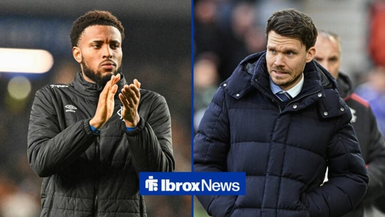 Split image of Youssef Chermiti of Rangers claps fans and looks dejected at full time during the UEFA Europa League match at Ibrox Stadium, Glasgow...