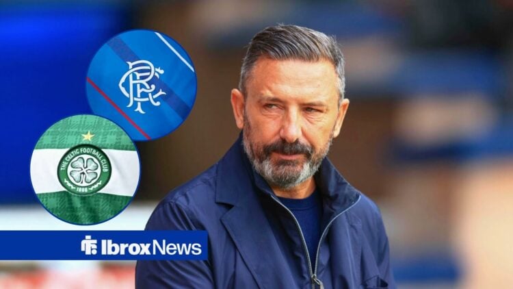 Hearts boss Derek McInnes with Rangers and Celtic badges in circular inset