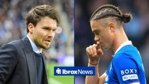 Split image of Rangers manager Danny Rohl during the UEFA Europa League match at Ibrox Stadium vs Braga and Thelo Aasgaard of trudges off after being red carded in Rangers vs Celtic.