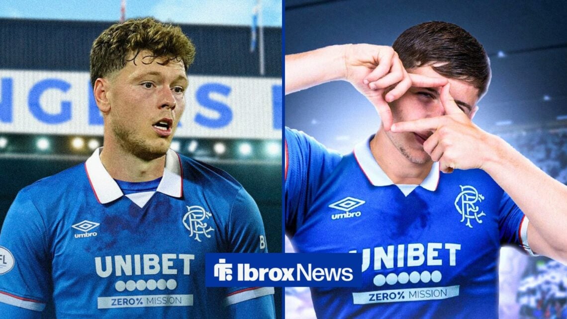 Split image of Rangers winger Andreas Skov Olsen and Mikey Moore