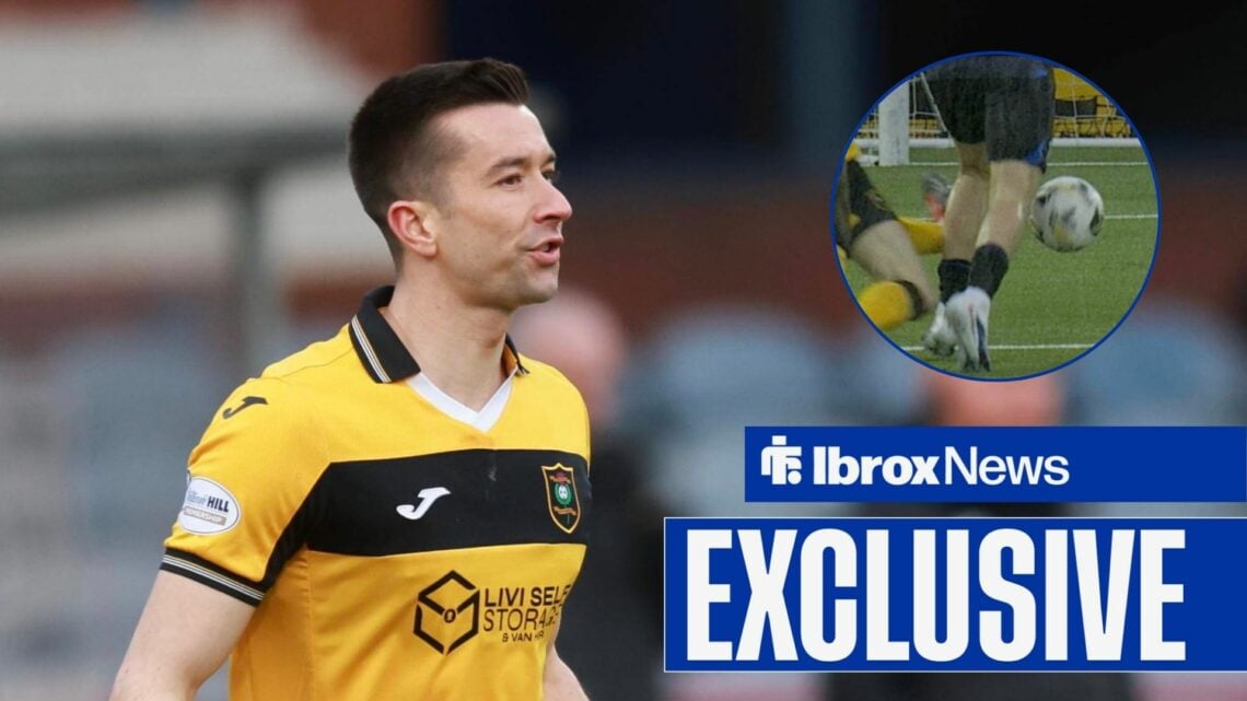 Cammy Kerr playing for Livingston, with his challenge on Mikey Moore in a circular frame inset