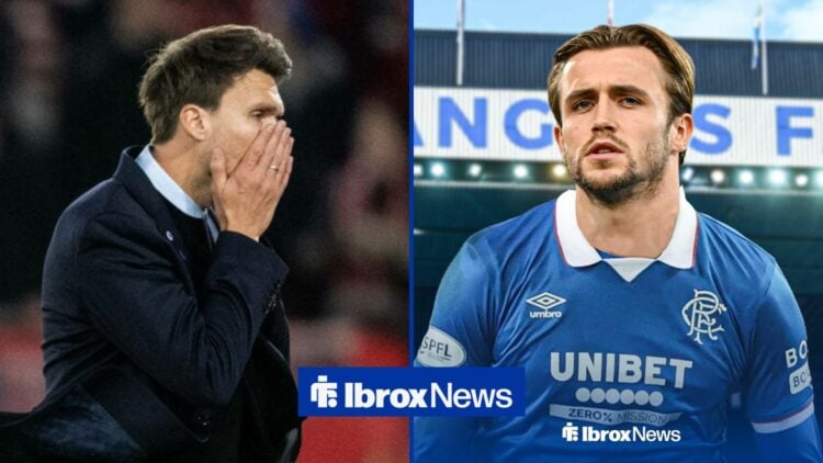 Rangers boss Danny Rohl looking anguished, Tuur Rommens in a Rangers shirt.