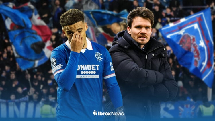 Max Aarons looking sad with an unhappy Danny Rohl next to him in front of Ibrox Stadium.