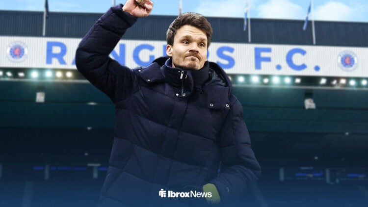 Danny Rohl with his fist in the air celebrating at Ibrox.