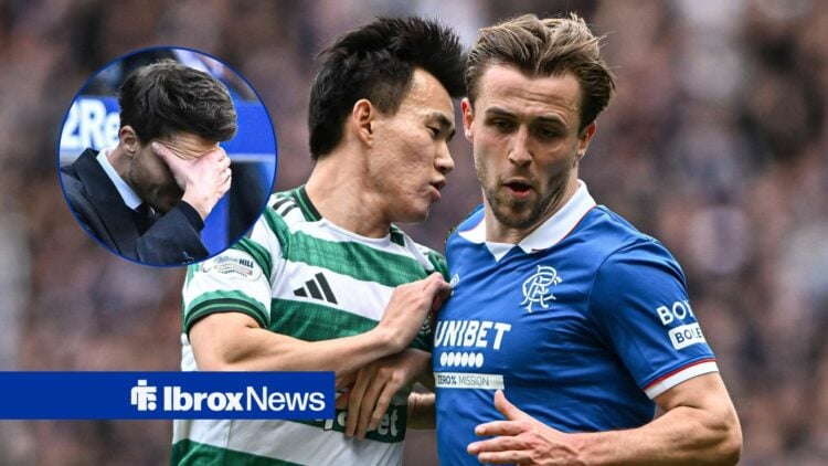 Rangers defender Tuur Rommens is pictured in action during the Scottish Cup defeat by Celtic, alongside an inset of dejected manager Danny Rohl (to...