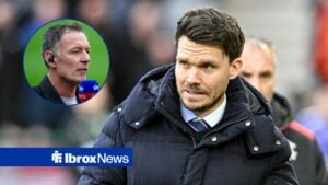 Rangers boss Danny Rohl grimaces on the touchline during a match, alongside a circular inset of Chris Sutton holding a Sky Sports microphone (top left)