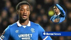 Rangers defender Emmanuel Fernandez in action (left), alongside a circular inset of Nasser Djiga waving to supporters (right)