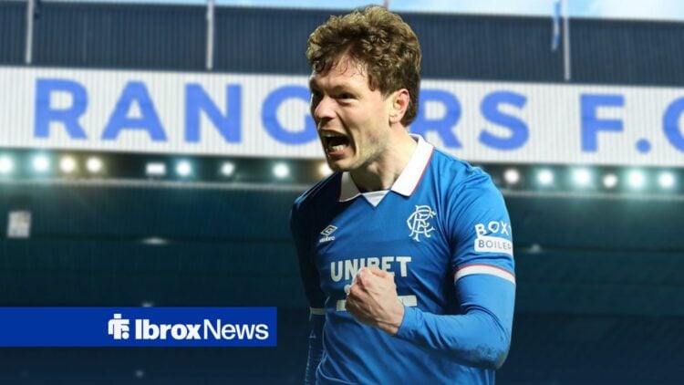 Andreas Skov Olsen celebrating at Ibrox.