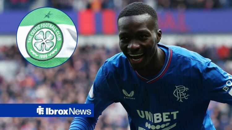 Mohamed Diomande of Rangers celebrates after he scores the opening goal during the Cinch Scottish Premiership match between Rangers FC and Heart of...