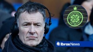 Rangers v Celtic William Hill Premiership Chris Sutton Sky Sports media pundit during the William Hill Premiership match at Ibrox Stadium with Celtic badge in circular inset