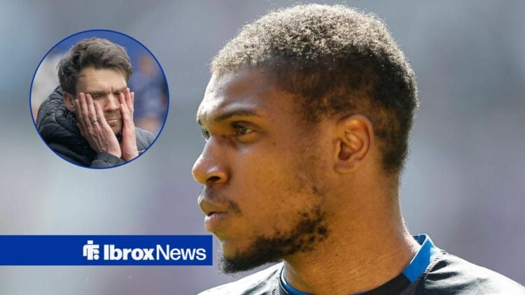 Rangers manager Danny Rohl looking defeated in the direction of Rangers defender Dujon Sterling.