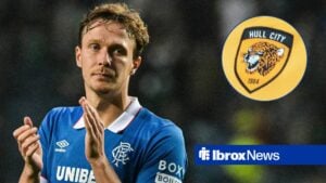 Rangers v Panathinaikos F.C. UEFA Champions League Kieran Dowell of Rangers thanks fans during the UEFA Champions League Second Qualifying Round First Leg match at Ibrox Stadium, Glasgow UK and Hull City badge in circular inset