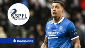 Rangers v S.C. Braga UEFA Europa League James Tavernier of Rangers during the UEFA Europa League match at Ibrox Stadium, Glasgow and SPFL logo in circular inset