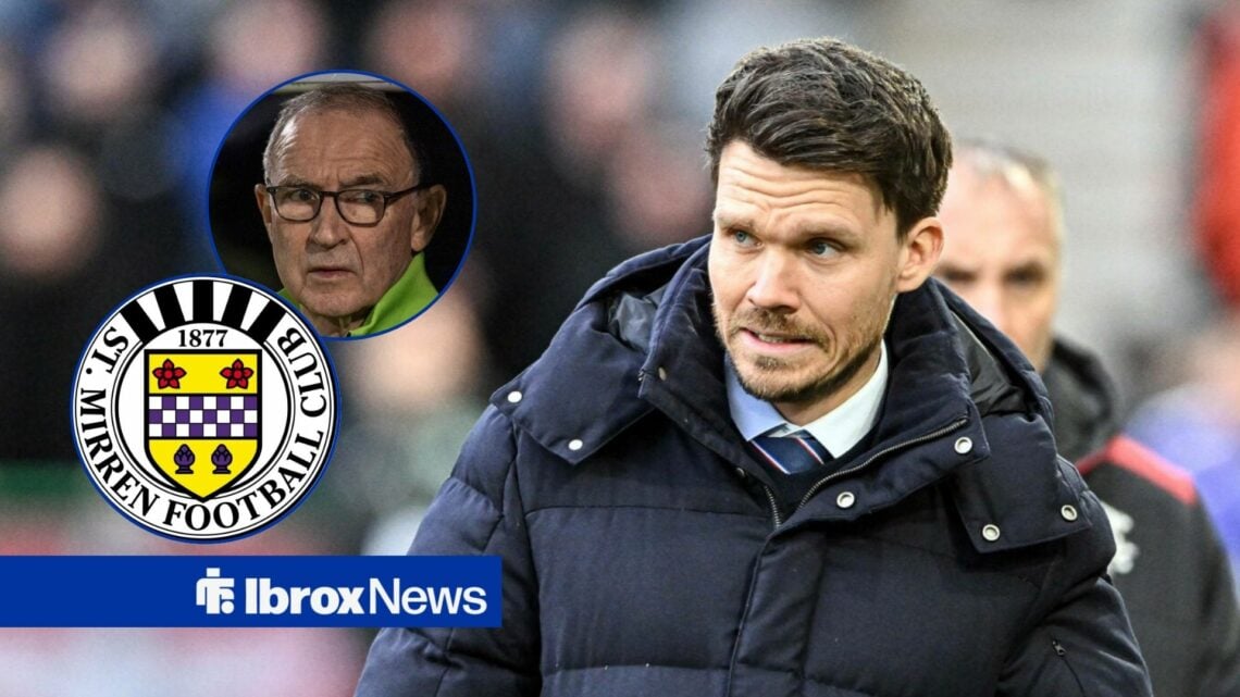 Danny Rohl, Rangers boss, looking at St. Mirren's badge and Martin O'Neill.