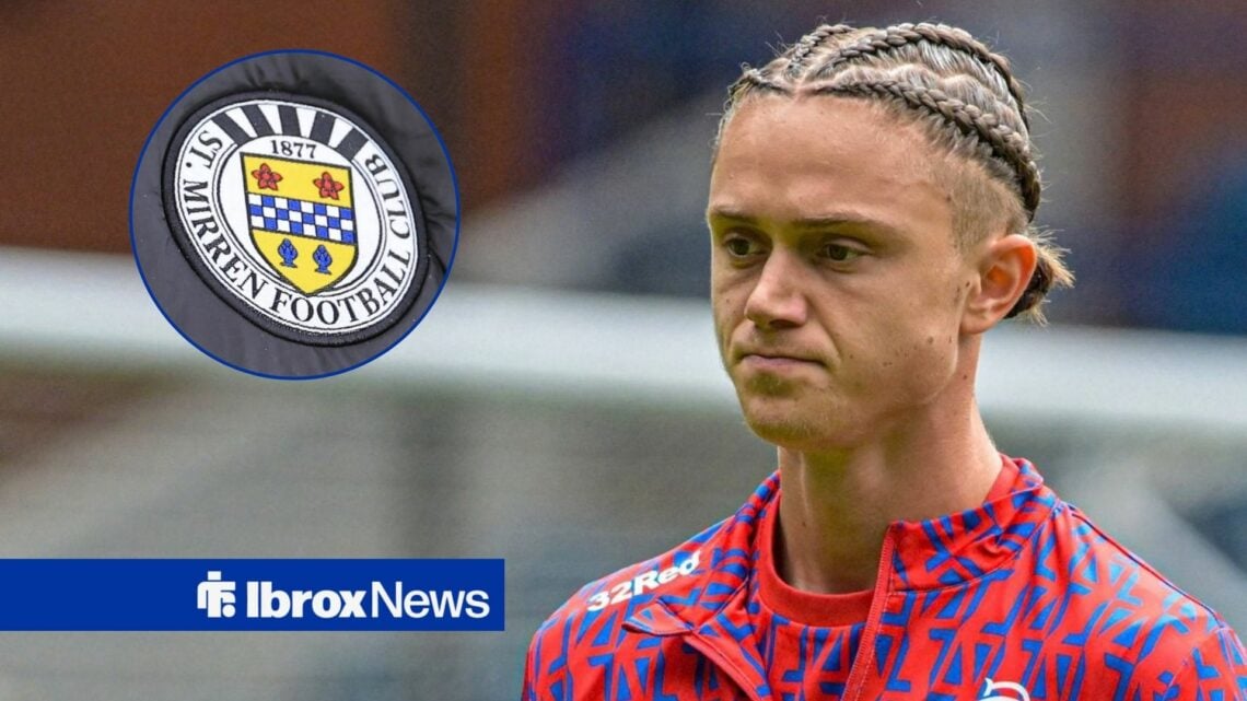 Thelo Aasgaard in pre-match warmups for Rangers with St Mirren crest in circular inset