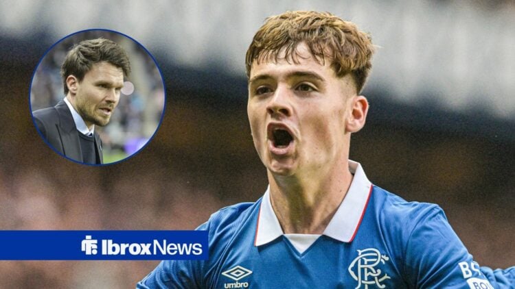 Findlay Curtis celebrating at Ibrox after Rangers score a goal with Rangers manager Danny Rohl looking in his direction while sitting in a small ci...