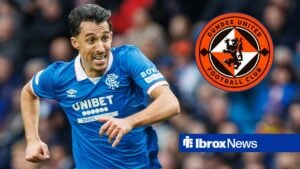 Rangers V Dundee United, Scottish Premiership, 18 October 2025 Rangers Bojan Miovski. Rangers V Dundee United, Scottish Premiership, 18 October 2025 Glasgow Ibrox Stadium with Dundee United logo in circular inset