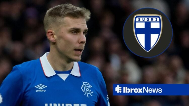 Oliver Antman in action for Rangers in the Scottish Premiership with Finland national team badge in a circular inset