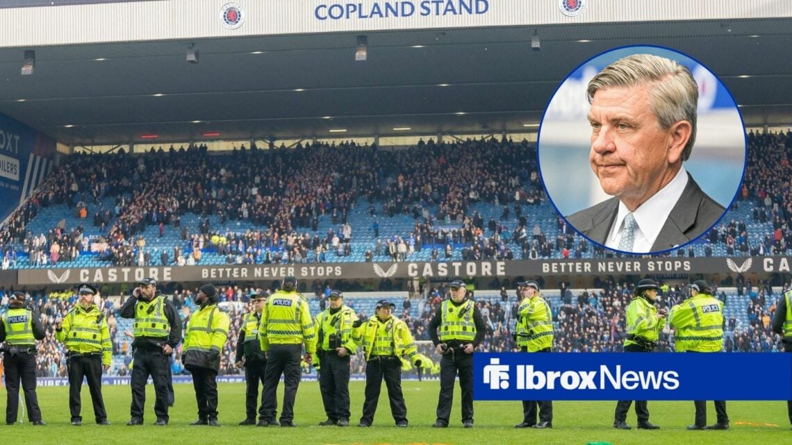 Police on the pitch at Ibrox alongside a circular inset of a glum looking Andrew Cavenagh (top right)