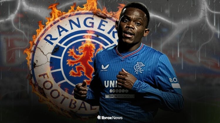 Rabbi Matondo playing for Rangers standing infront of a burning Rangers badge
