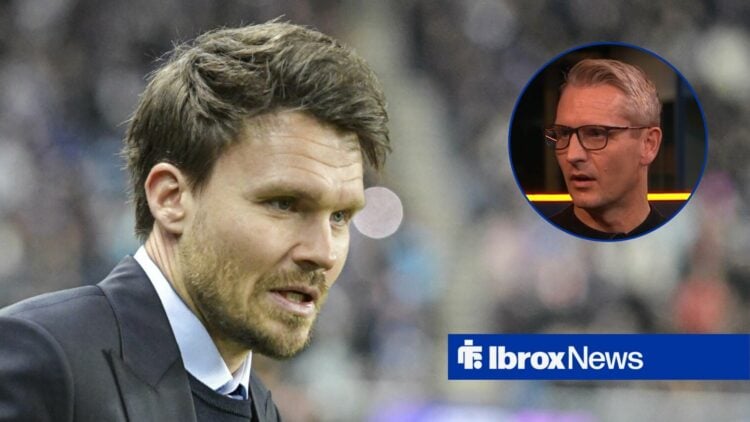 Rangers head coach Danny Rohl looks on from the touchline during a match, alongside a circular inset of Peter Lovenkrands speaking on BBC Sportscene