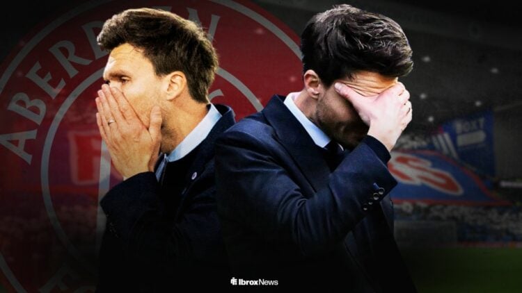 Danny Rohl looking annoyed managing Rangers alongside an Aberdeen badge