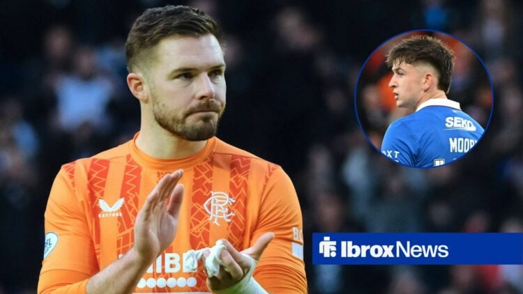 Jack Butland clapping for Rangers looking towards a circle inset of Mikey Moore playing for Rangers