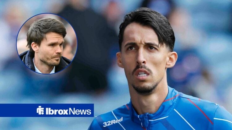 Rangers forward Bojan Miovski warms up ahead of a match, alongside a circular inset of head coach Danny Rohl on the touchline