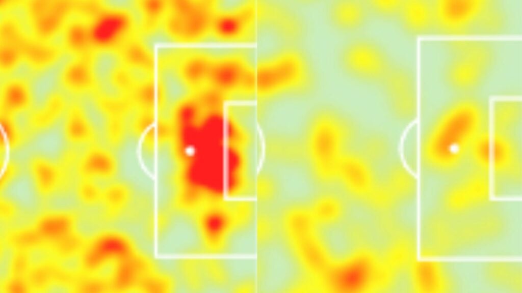 Ryan Naderi's heatmap at Hansa Rostock versus at Rangers