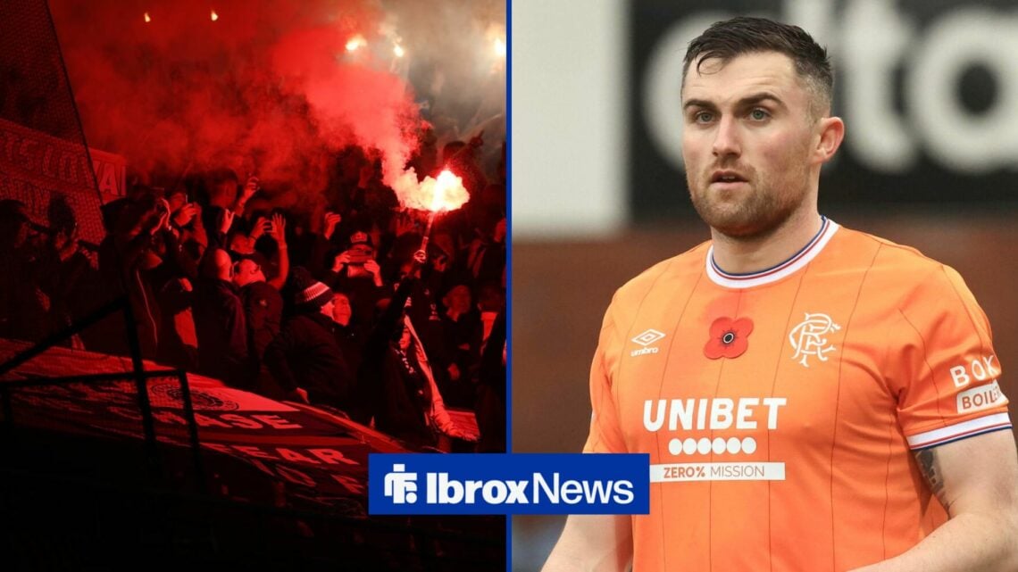 Rangers fans looking in the direction of John Souttar, who is lining up in Rangers away kit vs Dundee