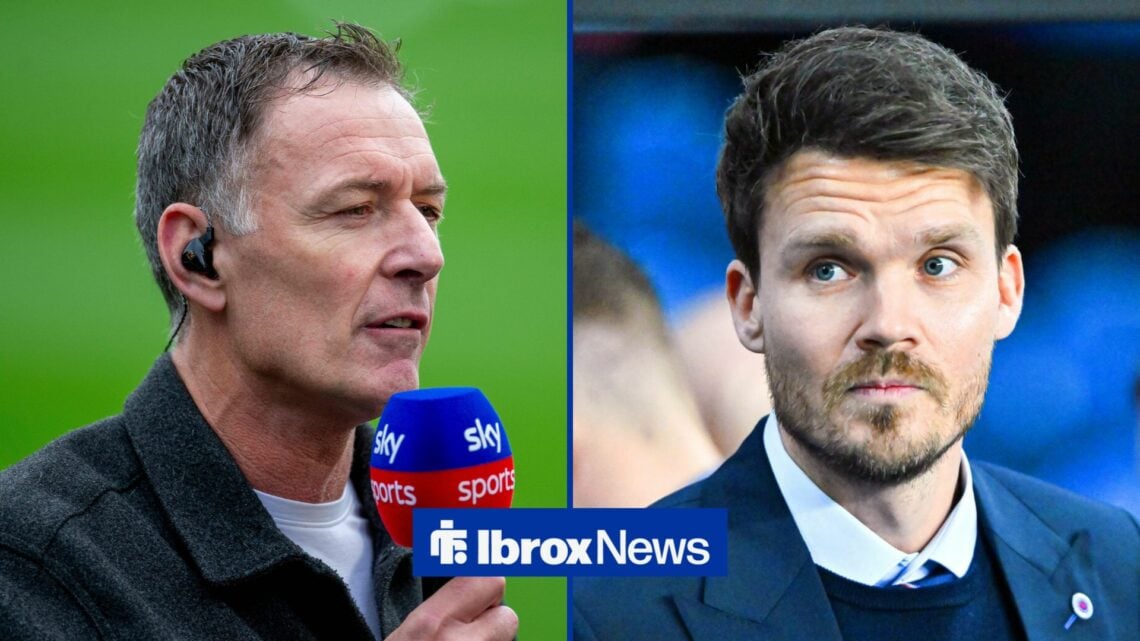 Chris Sutton commentating for Sky Sports while looking in a 50:50 image with Rangers manager Danny Rohl, who stands in Ibrox Stadium.