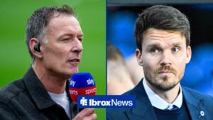 Chris Sutton commentating for Sky Sports while looking in a 50:50 image with Rangers manager Danny Rohl, who stands in Ibrox Stadium.