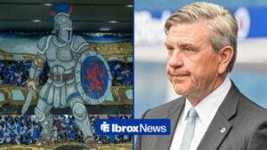 Rangers fans display a huge tifo covering the Copland Stand as the players come out of the tunnel ahead of the UEFA Europa League Rangers vs AS Roma, Ibrox Stadium and Rangers v Panathinaikos F.C. UEFA Champions League Owner of Rangers Andrew Cavenagh during the UEFA Champions League Second Qualifying Round First Leg match at Ibrox Stadium