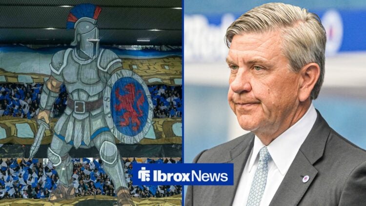 Rangers fans display a huge tifo covering the Copland Stand as the players come out of the tunnel ahead of the UEFA Europa League Rangers vs AS Rom...